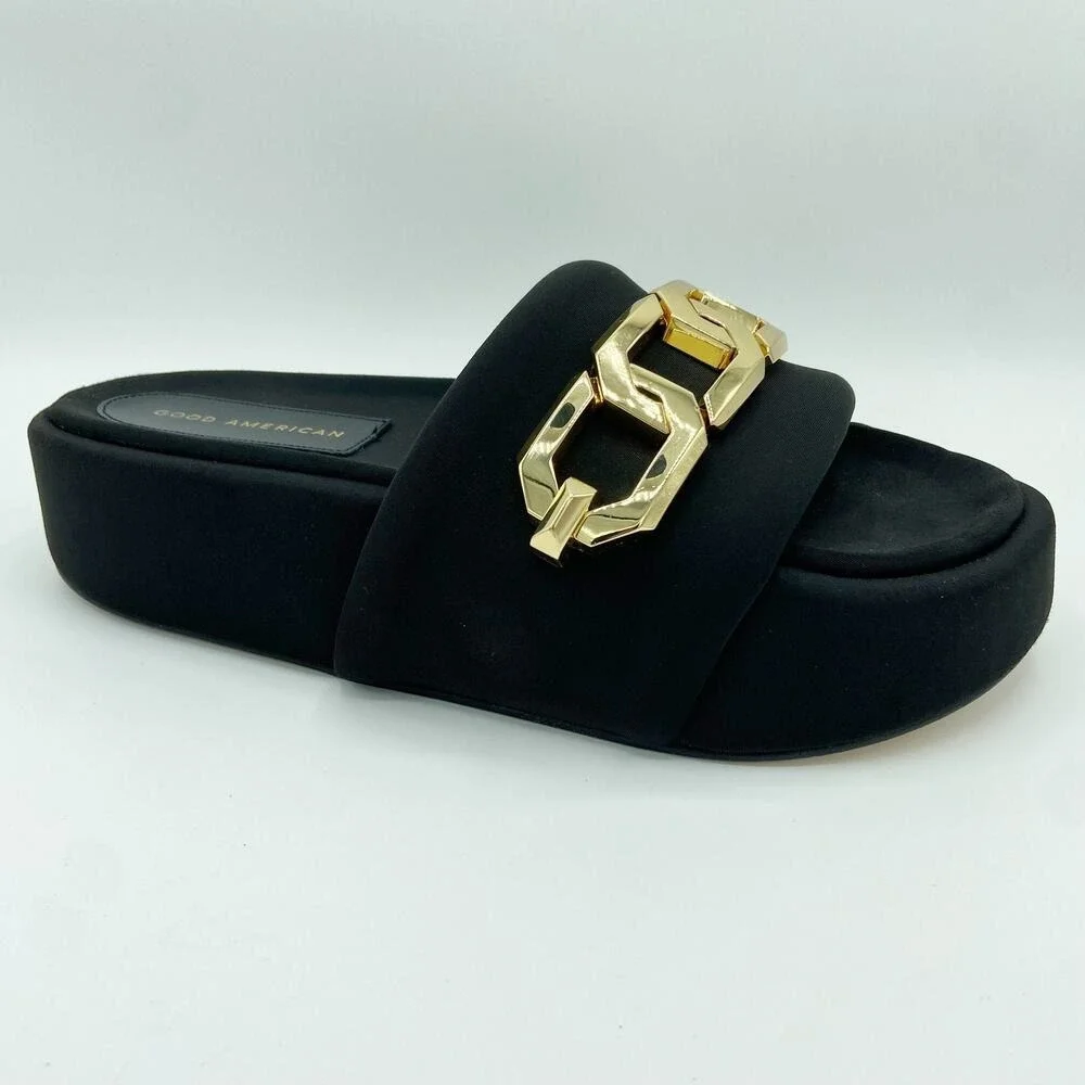 Good American Platform Slide Sandals Women Size 9.5 Black Gold Chain Link Padded